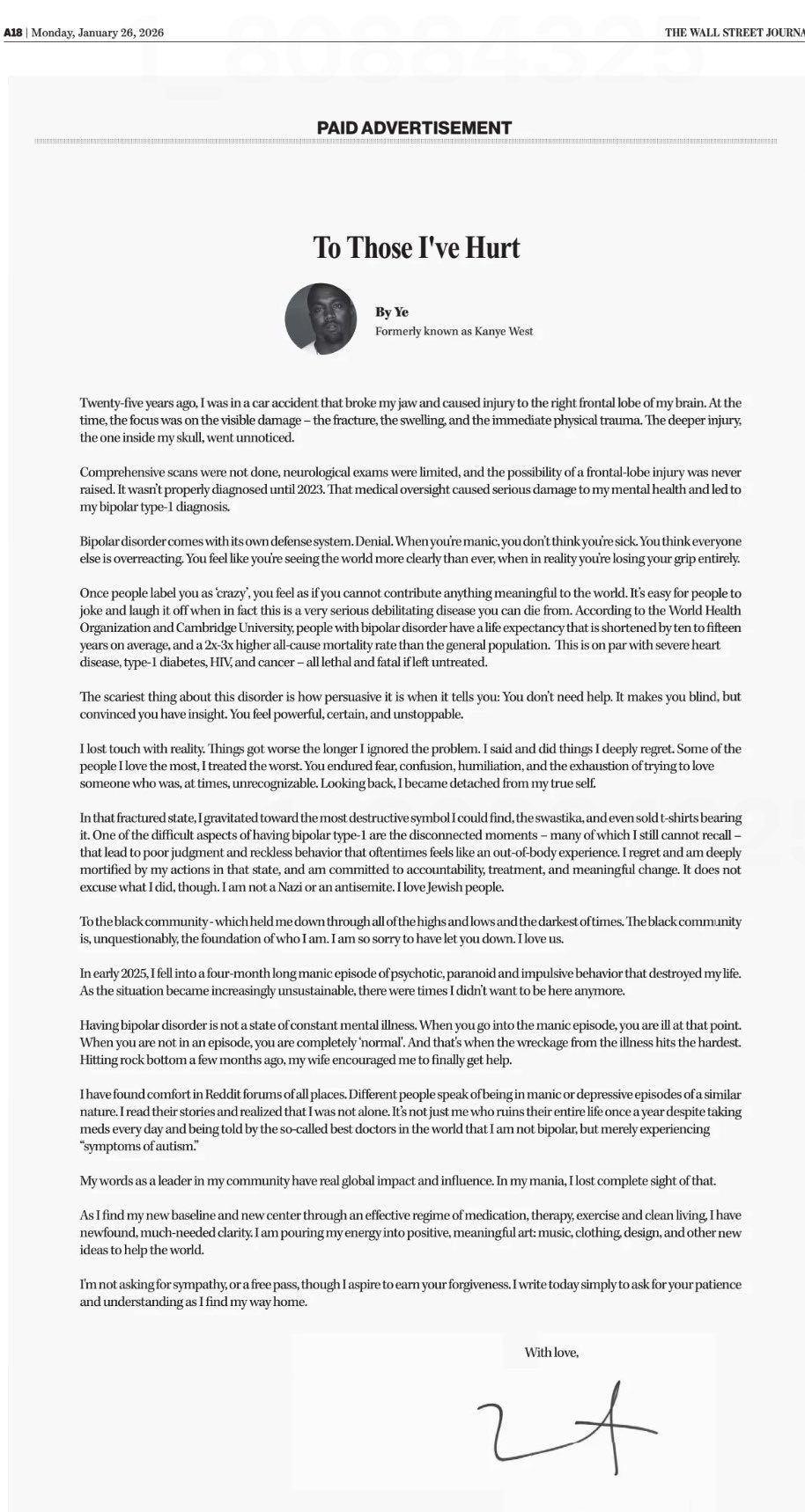 Kanye West publica carta de desculpas no Wall Street Journal por apologia ao nazismo