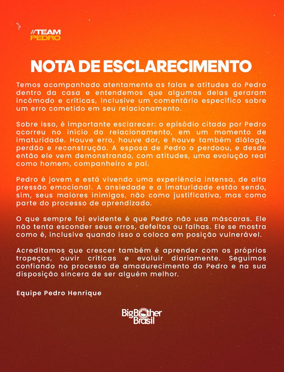 Equipe de Pedro divulga nota oficial após confissão de traição no BBB 26