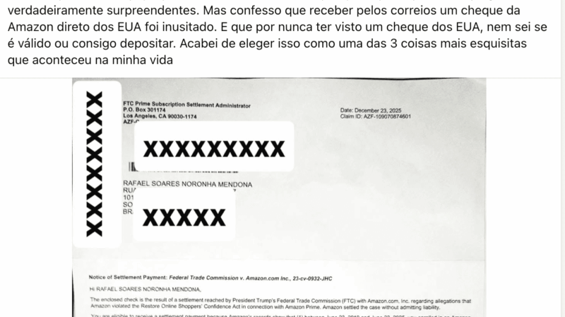 Amazon envia cheques a brasileiros após acordo judicial nos EUA