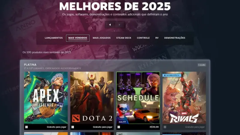 Steam divulga os jogos mais vendidos e os mais jogados de 2025