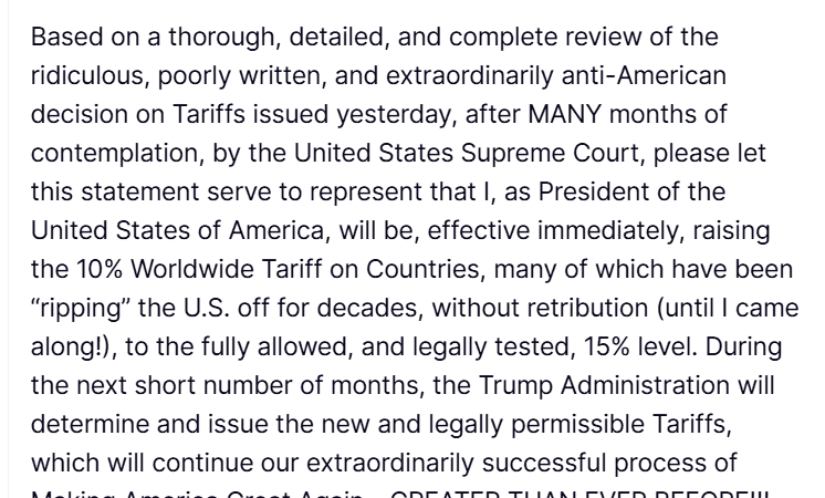 Trump anuncia aumento das tarifas de importação para 15% após veto da Suprema Corte dos EUA