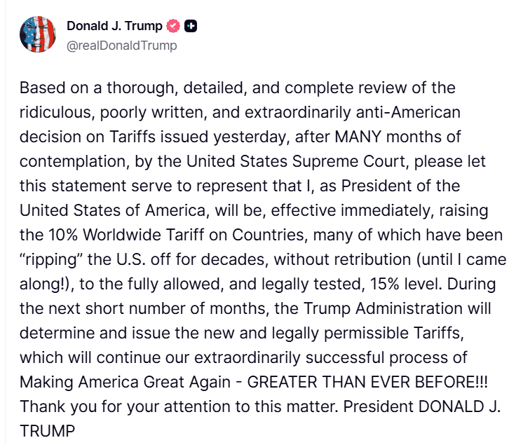 Trump anuncia aumento das tarifas de importação para 15% após veto da Suprema Corte dos EUA