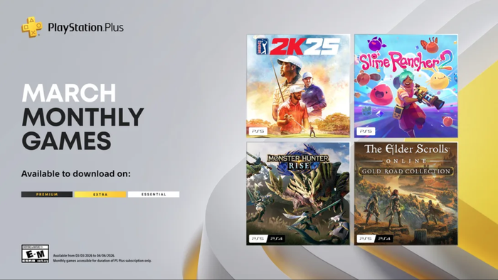 PS Plus de março traz PGA Tour 2K25, Monster Hunter Rise, Slime Rancher 2 e DLC de The Elder Scrolls Online