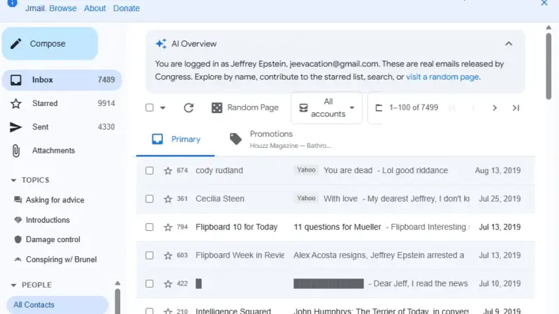 JMail disponibiliza arquivos de Jeffrey Epstein em interface similar ao Gmail
