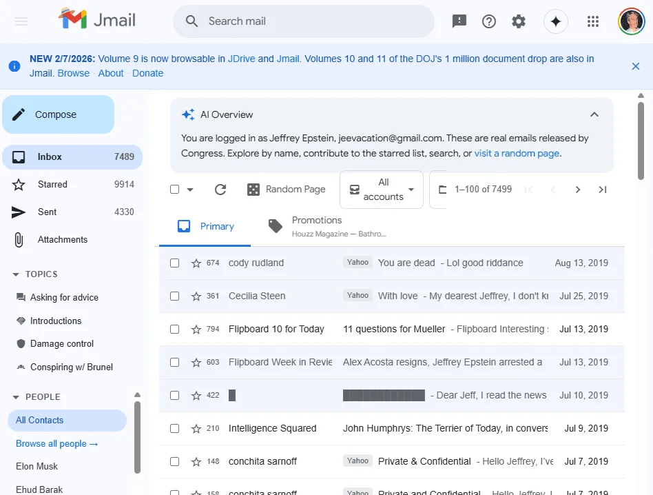 JMail disponibiliza arquivos de Jeffrey Epstein em interface similar ao Gmail