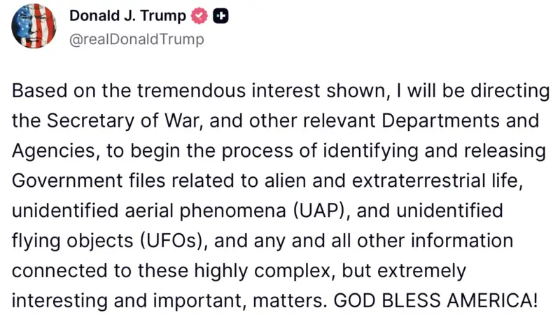 Trump determina divulgação de arquivos sobre vida alienígena, OVNIs e UAPs