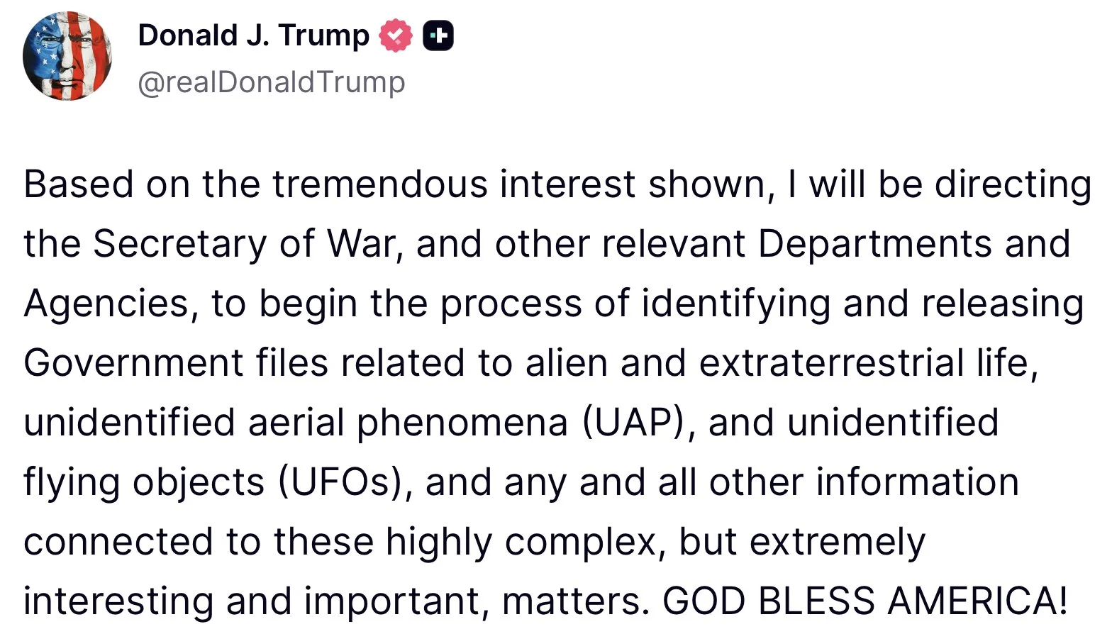 Trump determina divulgação de arquivos sobre vida alienígena, OVNIs e UAPs