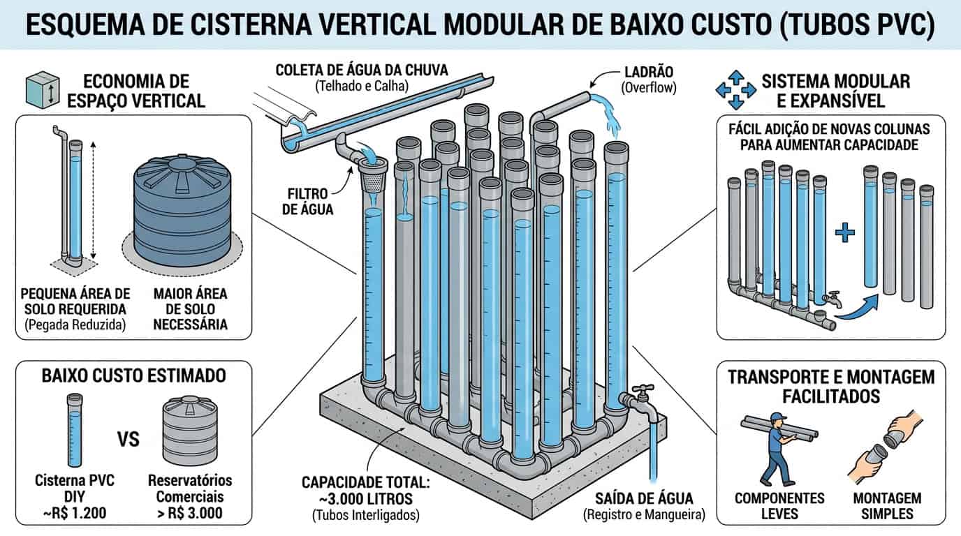 Cisterna vertical feita com tubos PVC armazena cerca de 3.000 litros por menos de R$ 1.200