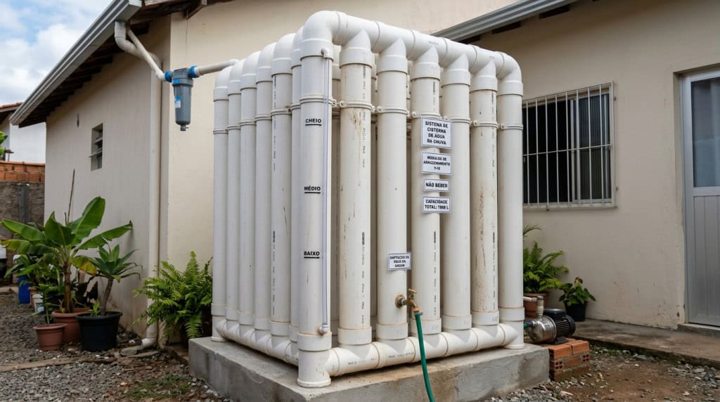 Cisterna vertical feita com tubos PVC armazena cerca de 3.000 litros por menos de R$ 1.200