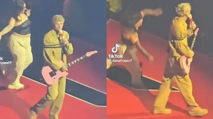 Fã cai em abertura do palco durante show de Machine Gun Kelly na O2 Arena, em Londres