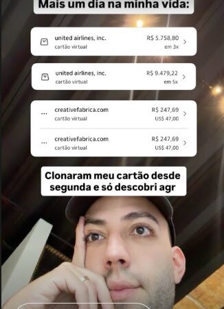 Lucas Rangel divulga clonagem de cartão com gastos acima de R$ 15 mil