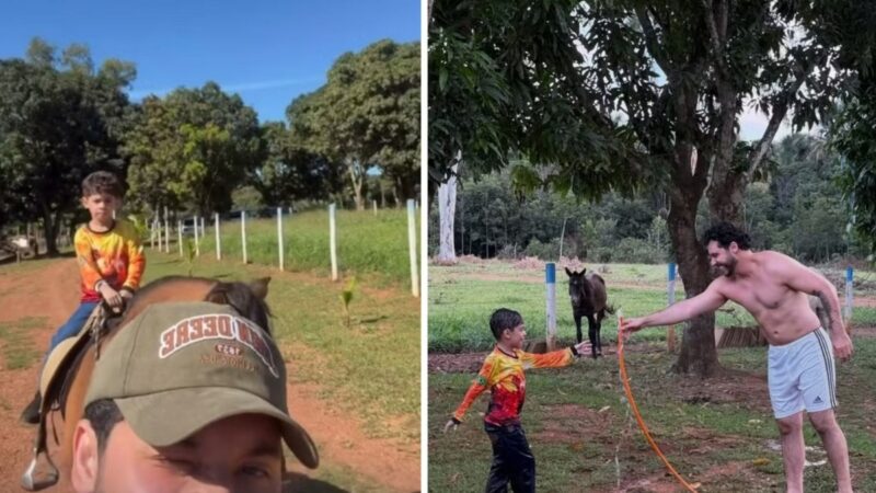 Murilo Huff passa a Páscoa na fazenda com o filho e a noiva