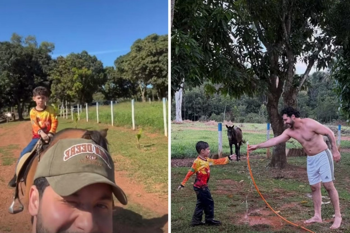 Murilo Huff passa a Páscoa na fazenda com o filho e a noiva