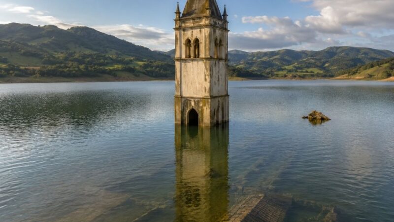Torre de igreja preservada em Siderópolis se destaca em lago criado pela barragem do Rio São Bento