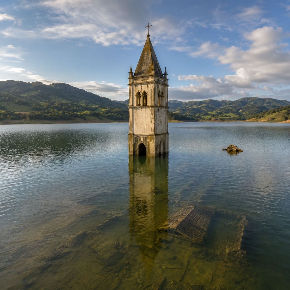 Torre de igreja preservada em Siderópolis se destaca em lago criado pela barragem do Rio São Bento