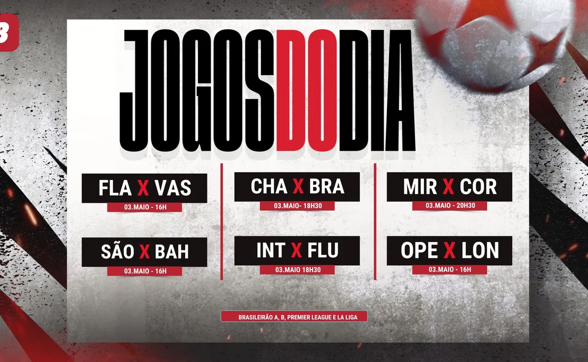 Agenda de jogos — 03/05/2026: horários e onde assistir os confrontos do domingo