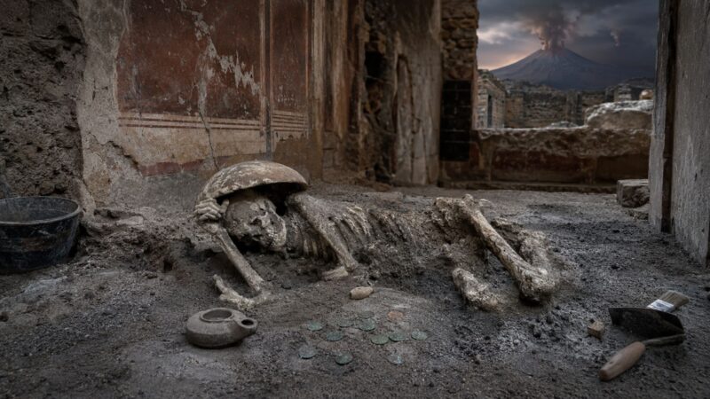 Conheça arqueólogos descobriram em pompeia os restos de um homem que enfrentou a erupção do vesúvio segurando uma tigela na cabeça como escudo, uma lâmpada para iluminar o caminho e dez moed…