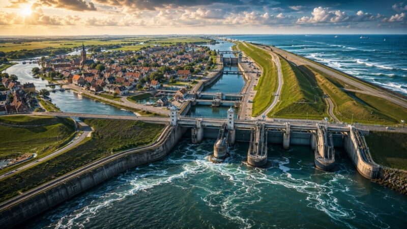 Grande parte da Holanda está abaixo do nível do mar e permanece seca graças a uma rede contínua de diques, bombas e comportas