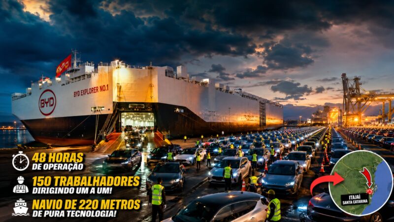 Veja como cerca de 150 trabalhadores estão dirigindo, um a um, 4.585 carros elétricos da byd para fora de um navio de 220 metros no porto de itajaí, a megaoperação de 48 horas é a maior remes…