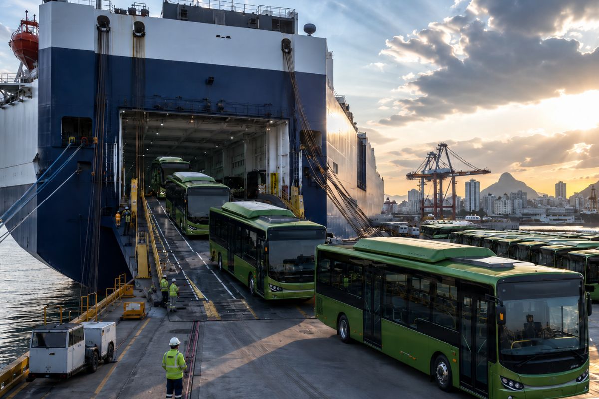 Navio traz 90 ônibus elétricos da China ao Porto de Vitória e inicia envio ao DF em lotes de 15 veículos