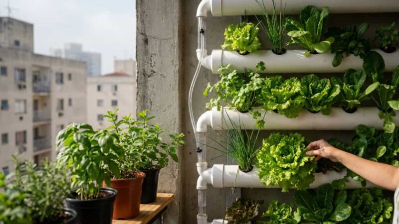 Horta vertical em calha de PVC ocupa 1 m² da parede, produz temperos o ano todo e tem retorno em 40 dias