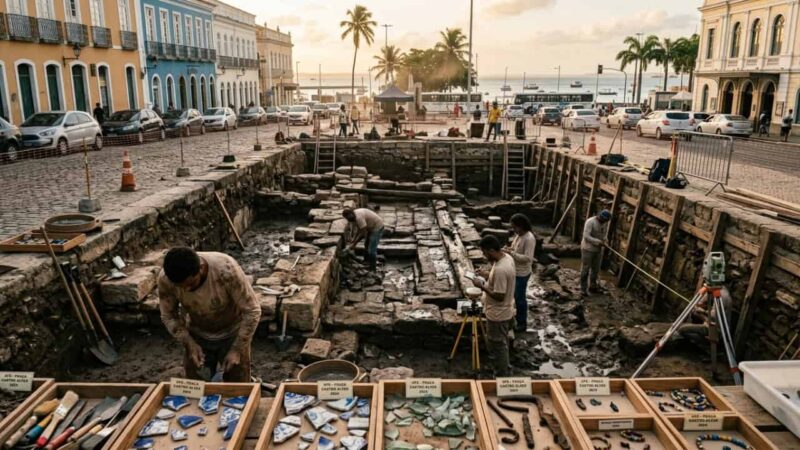 Achados em obras na Praça Castro Alves revelam porto colonial e artefatos