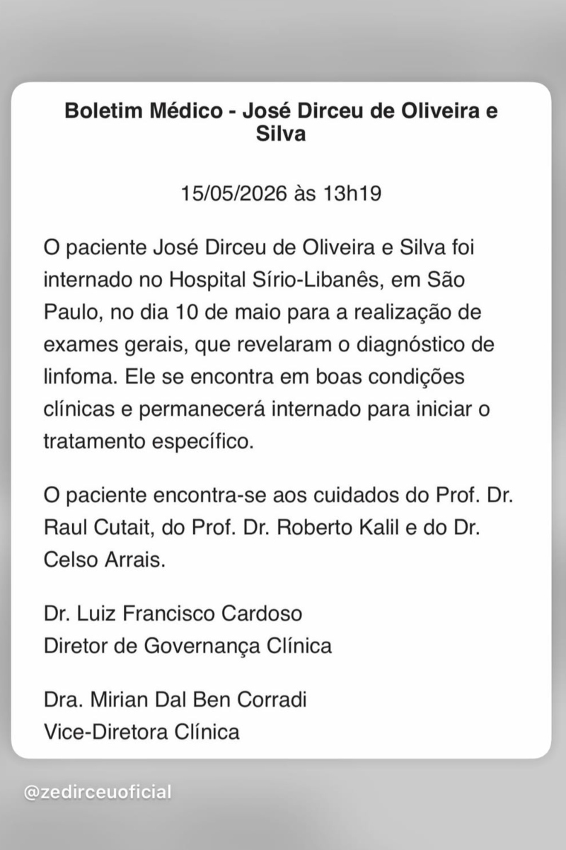 José Dirceu, 80, é diagnosticado com linfoma e inicia tratamento em hospital de São Paulo