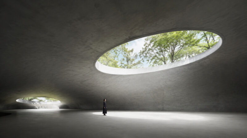 Museu de concreto sem pilares no Japão se ergue como uma gota flutuante e integra natureza e arte