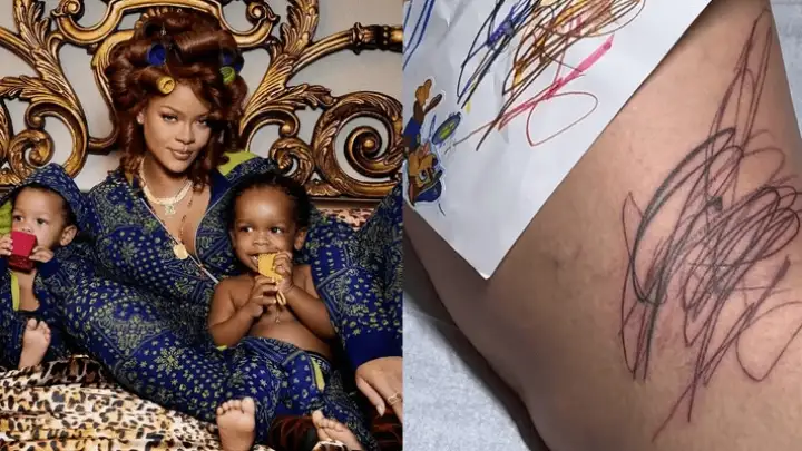Rihanna tatua no joelho rabiscos feitos pelos filhos e gera reações mistas