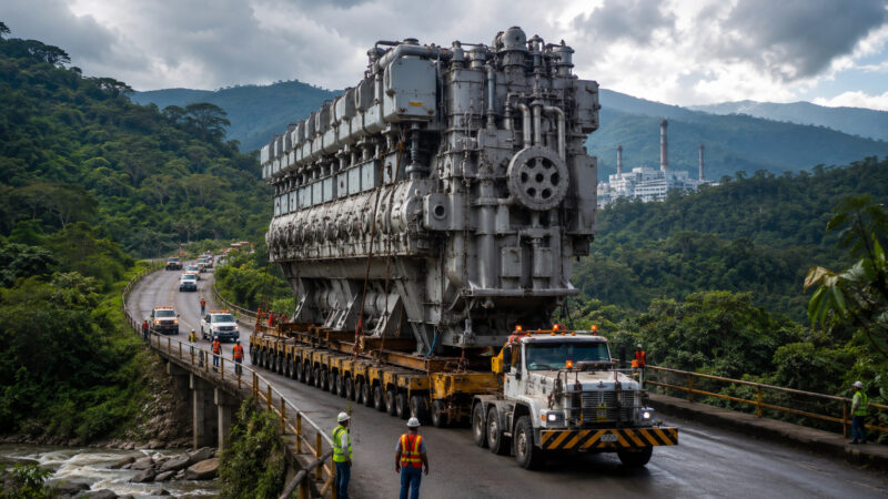 Operação na Colômbia escolhe rota inesperada para levar onze motores de 287 toneladas até usina de 200 MW em San Antonio
