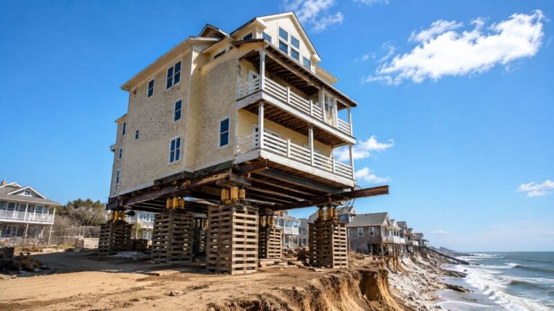Casa de três andares de 128 mil kg é erguida por macacos hidráulicos e retirada da costa da Carolina do Norte antes de ser engolida pelo mar