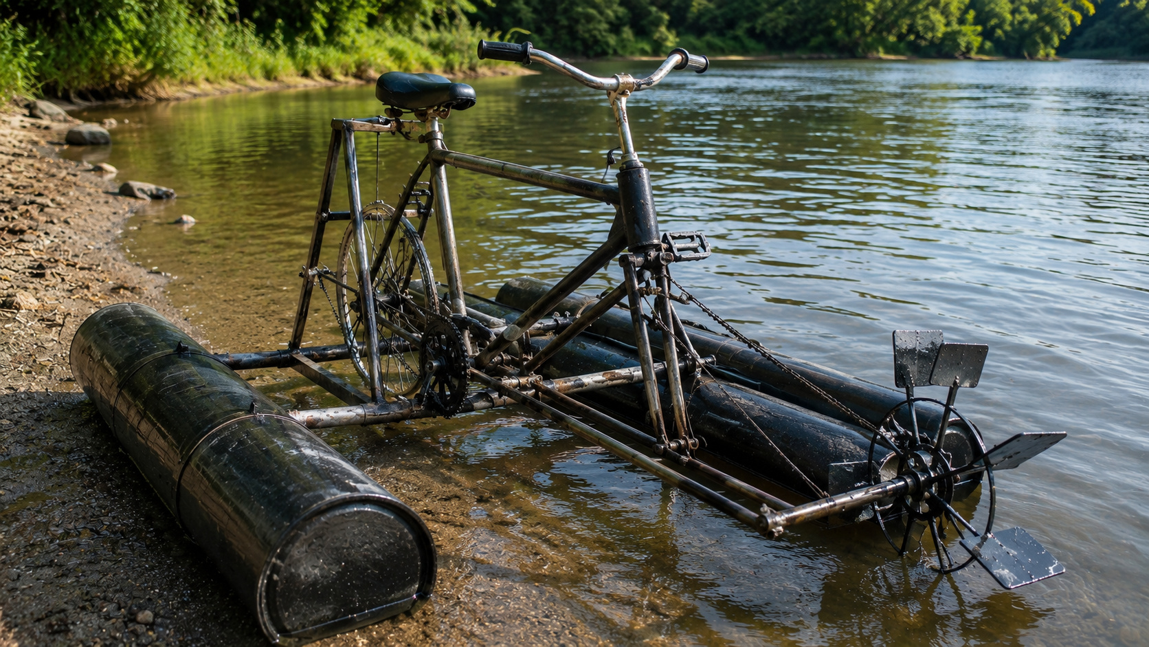 Bicicleta anfíbia feita com sucata metálica transforma lixo em mobilidade sustentável