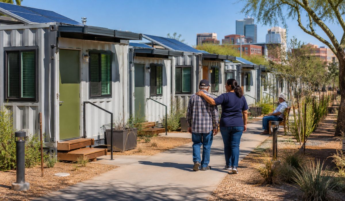 Phoenix instala 40 moradias transitórias em contêineres para idosos sem teto e prepara unidades permanentes no mesmo terreno