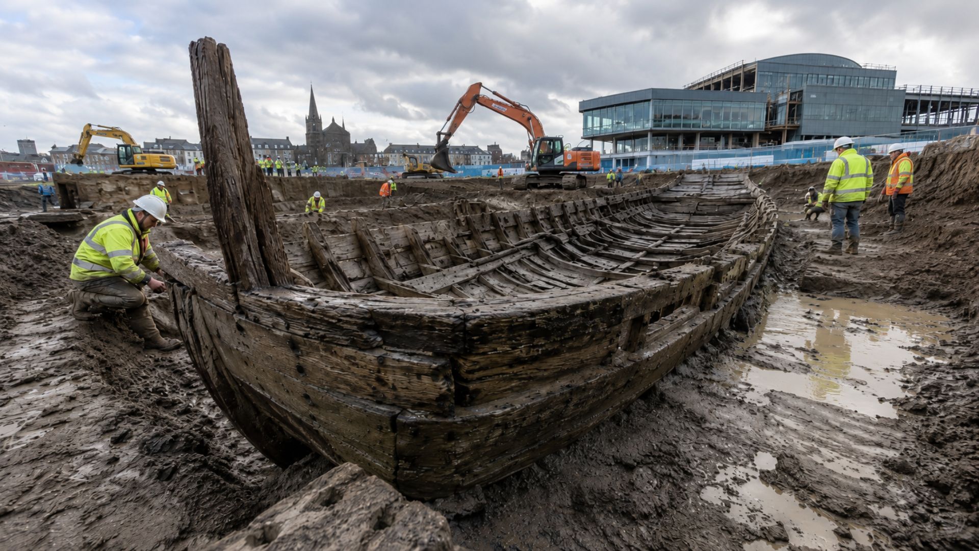 Operários encontram navio mercante medieval de 30 metros sob lama do rio em Newport