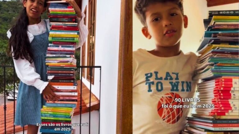 Irmã de 11 e irmão de 7 leram 240 livros em 2025 e viralizaram por rotina de leitura