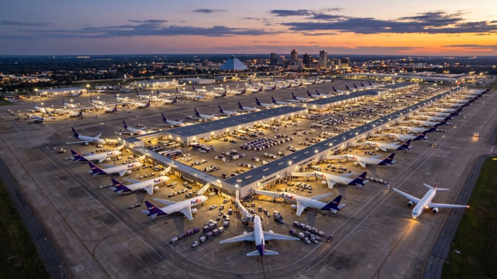 Veja como a fedex transforma memphis em uma cidade aérea de encomendas: superhub de 940 acres, 171 portões para aviões, 84 milhas de esteiras e até 484 mil pacotes por hora movimentam o coraç?…