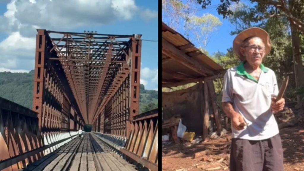 Motorista registra travessia por ponte férrea centenária sobre o rio Uruguai e encontra casal que preserva práticas da roça