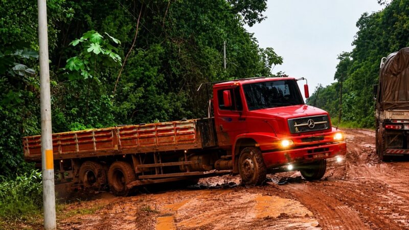 Motoristas ficam presos na BR-319 por lama escorregadia; caminhão atravessou e bloqueou a pista