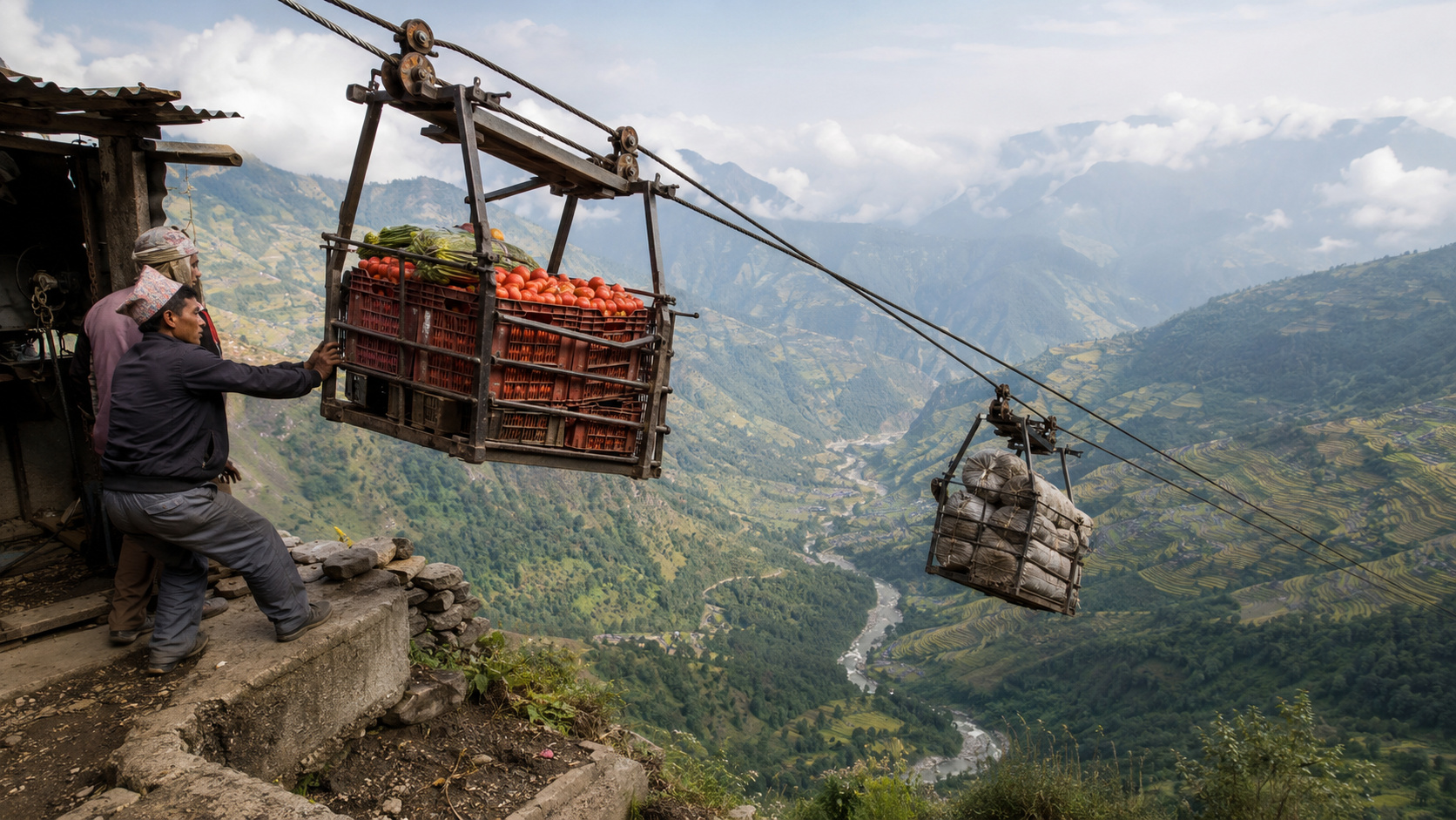 Agricultores do Nepal usam teleférico movido pela gravidade para transportar tomates entre montanhas