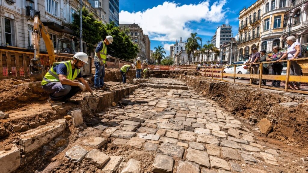 Calçamento de pedra do início do século XX é descoberto em obras no Centro Histórico de Porto Alegre e vira sítio arqueológico aberto