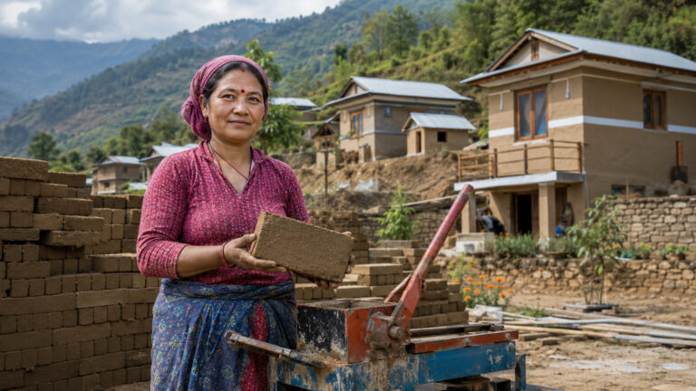 Mulher no Nepal usa tijolos de terra comprimida para abrir construtora e erguer mais de 40 casas resistentes após terremotos de 2015