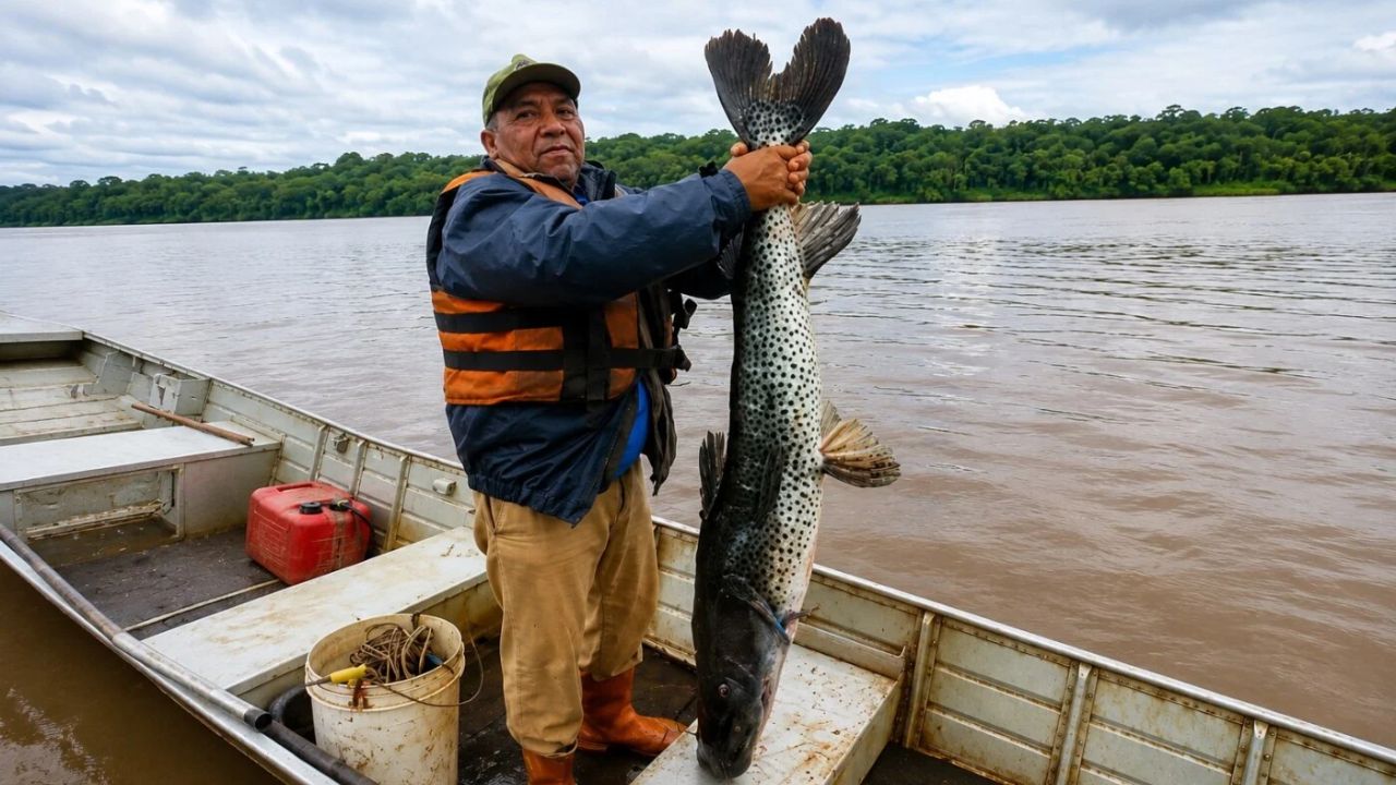 Pescador captura pintado de 18 kg nas margens do Lago de Itaipu em Mercedes (PR)