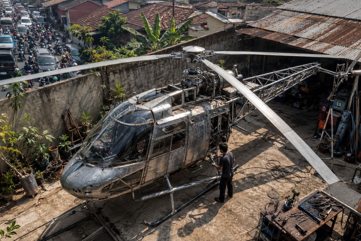 Mecânico indonésio constrói helicóptero de 8 metros no quintal para escapar de congestionamentos