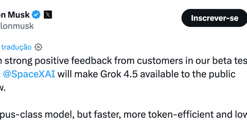 Elon Musk anuncia lançamento rápido do Grok 4.5 pela SpaceXAI com menor custo