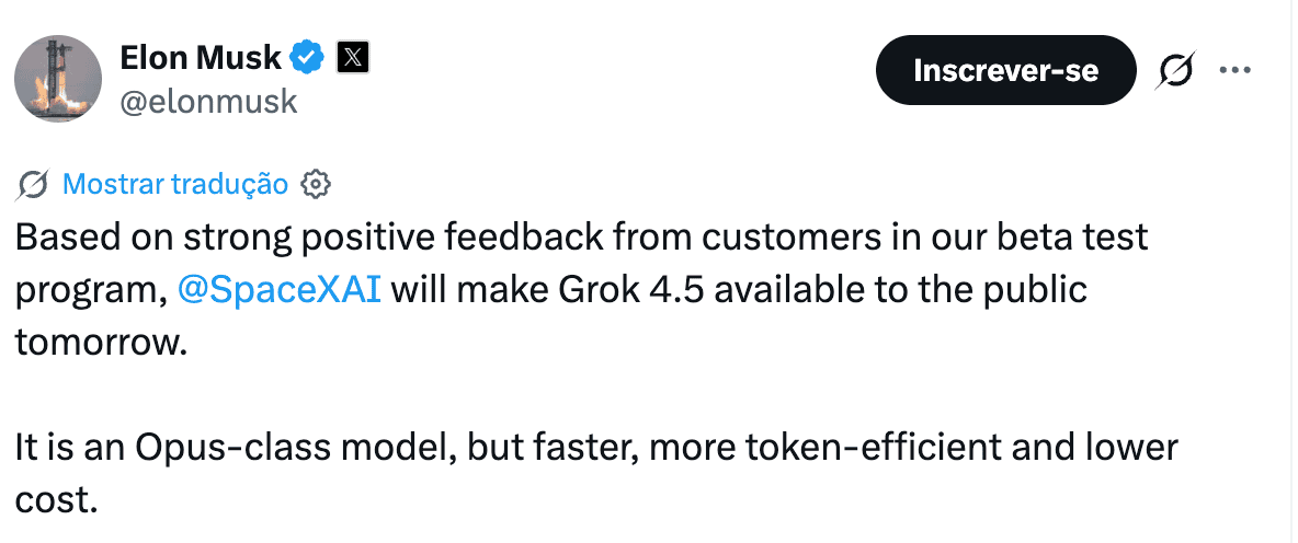 Elon Musk anuncia lançamento rápido do Grok 4.5 pela SpaceXAI com menor custo
