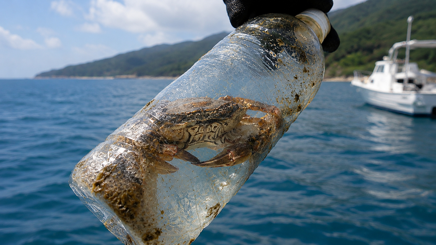 Caranguejo encontrado dentro de garrafa plástica perto de Okinawa ficou cerca de 62 dias à deriva e cresceu até não conseguir sair