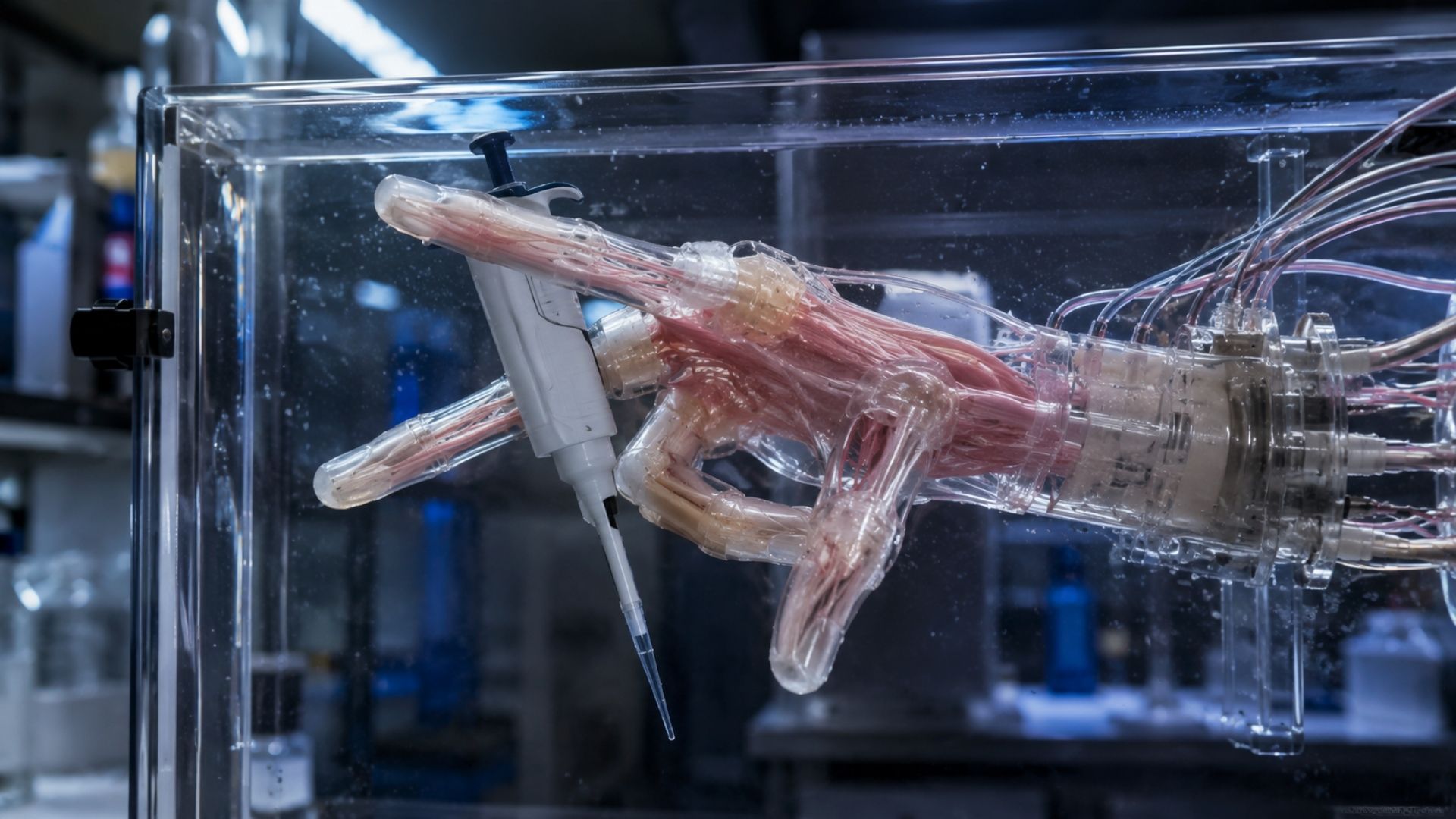 Cientistas de Tóquio criam mão biohíbrida de 18 cm feita com músculo humano enrolado como “sushi” que faz gesto de tesoura e segura pipeta