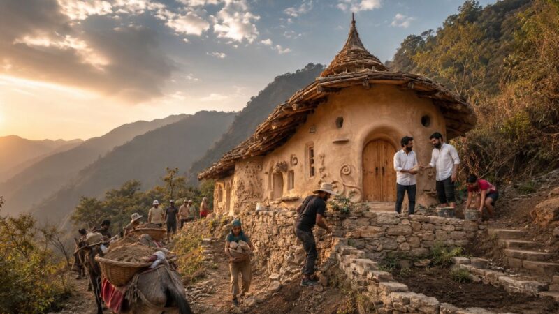 Irmãos arquitetos deixam Nova Délhi e erguem casa de barro e pedra perto de Rishikesh com ajuda de voluntários