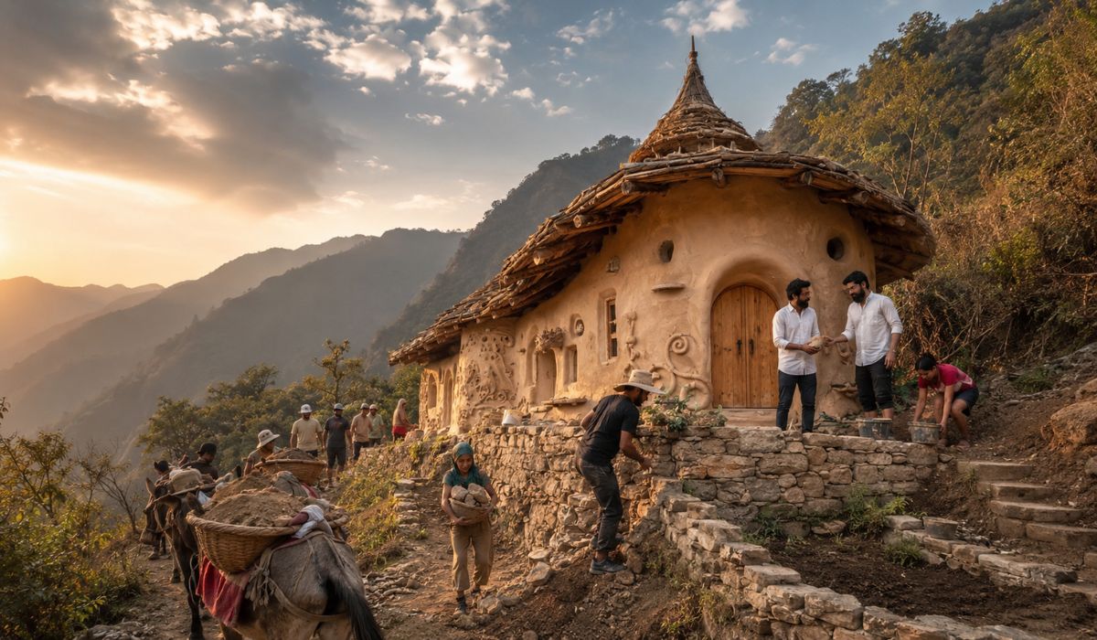 Irmãos arquitetos deixam Nova Délhi e erguem casa de barro e pedra perto de Rishikesh com ajuda de voluntários