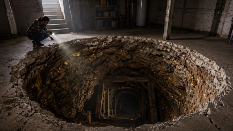 Moradora encontra buraco circular de 1,5 m no porão; casa fica sobre túnel de mina de ouro abandonada